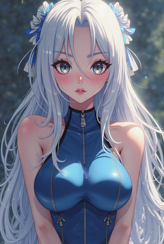 White haired girl with red streaks blue eyes Streaked hair,, Blue eyes Triple braids, breasts,