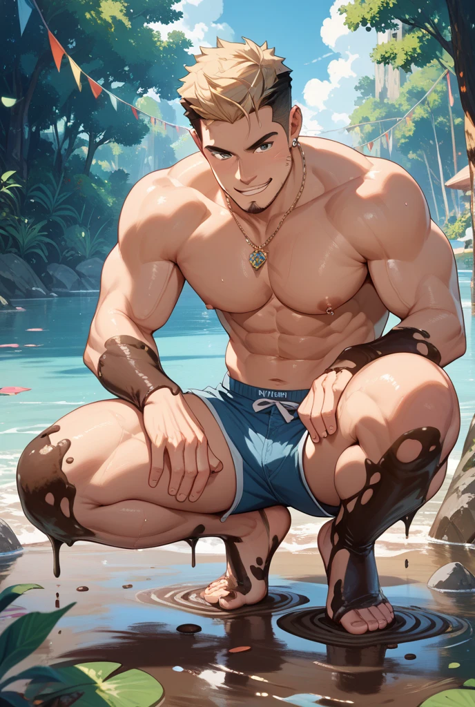 Solo, full body, 1 boy, toddler, lean body, brown hair, big eyes, topless, wearing dark blue swimming trunk, knelt, on knees, spread legs, slimy underwear, long hard shaft, massage mattress, side view