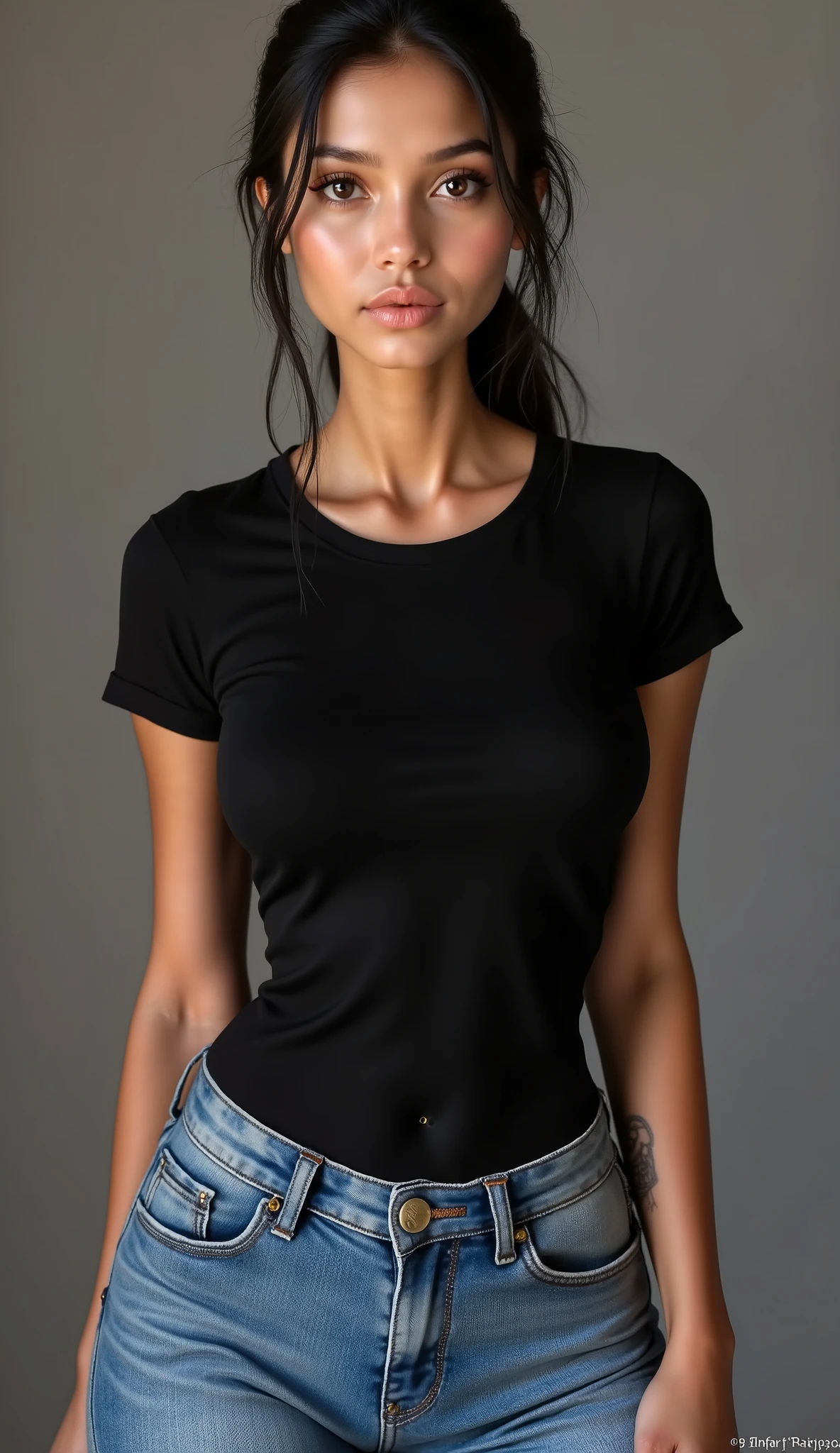 Masterpiece Hyperreal 32k female, 30 years old
 Clothing T-shirt, camisole inside, white wide pants
 Hairstyle Black straight bob, short. Bangs parted in the center
 Blurred background