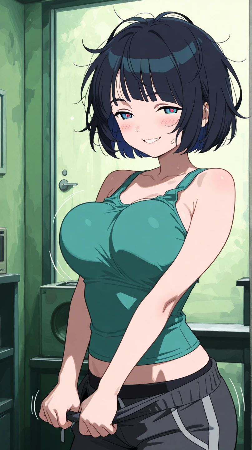 calidad superior, Obra maestra, Ultra high resolution, de un 1 chico femboy muy bajo con cabello verde y muy corto, green eyes and wears a short shirt and very tight shorts she is in a cafeteria she has big thighs and a very feminine body 