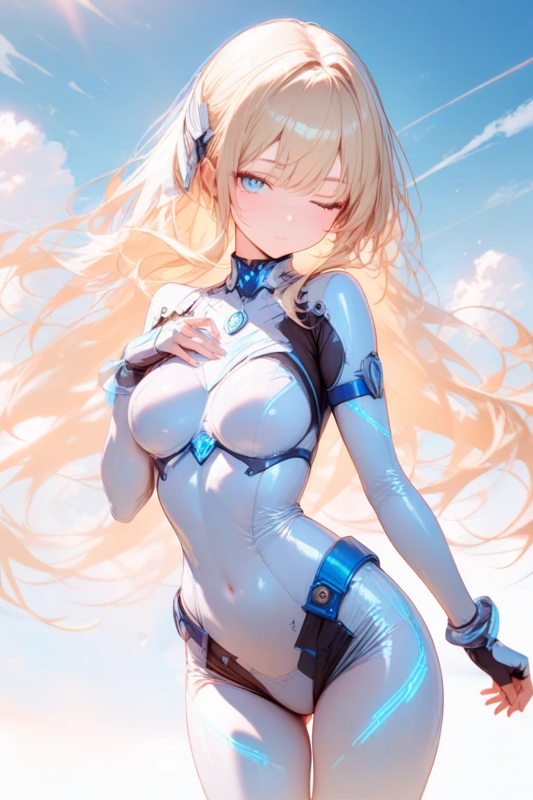 girl, smile, white bodysuit, blonde, blue eyes, Hyper Realistic
