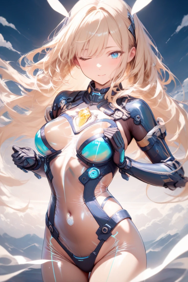 (masterpiece),(best quality),(ultra-detailed),(best illustration),(best shadow),(absurdres),(detailed background),(very aesthetic), 1girl, solo, light blonde hair, long hair, blue eyes, seductive smile, large breasts, mecha musume, armor, looking at viewer, arms crossed, cute eyes,