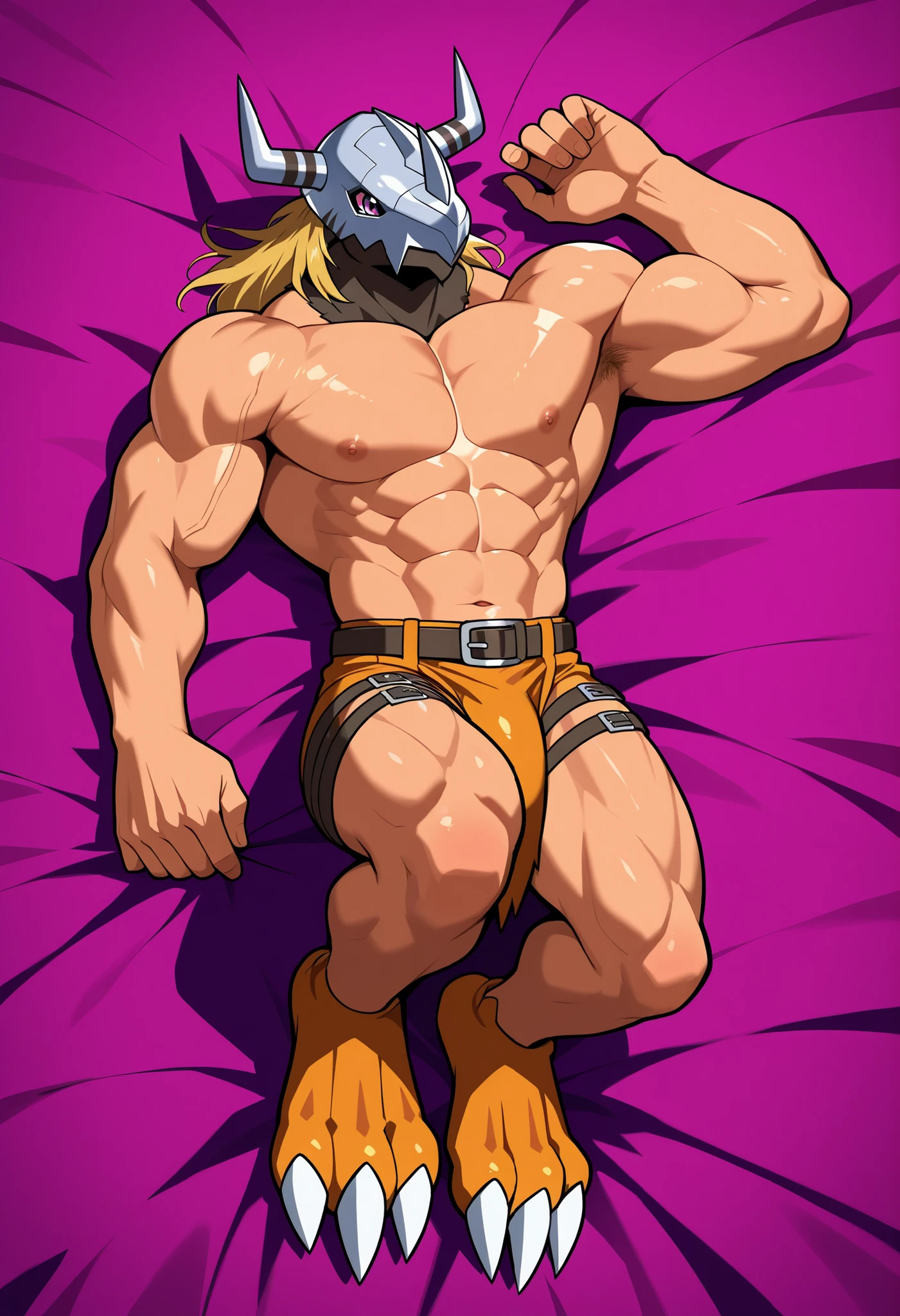 BlackWargreymon, bare chest golden hair, yellow hair, black skin, on the beach, laying on side, arms behind head