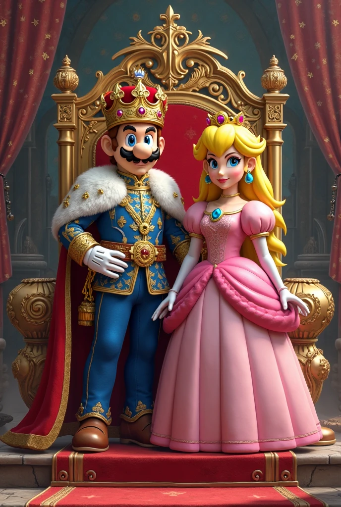 ((最高の品質)), ((傑作)), (詳細な), Mario, dressed as a king, stands in front of the throne alongside Princess Peach.