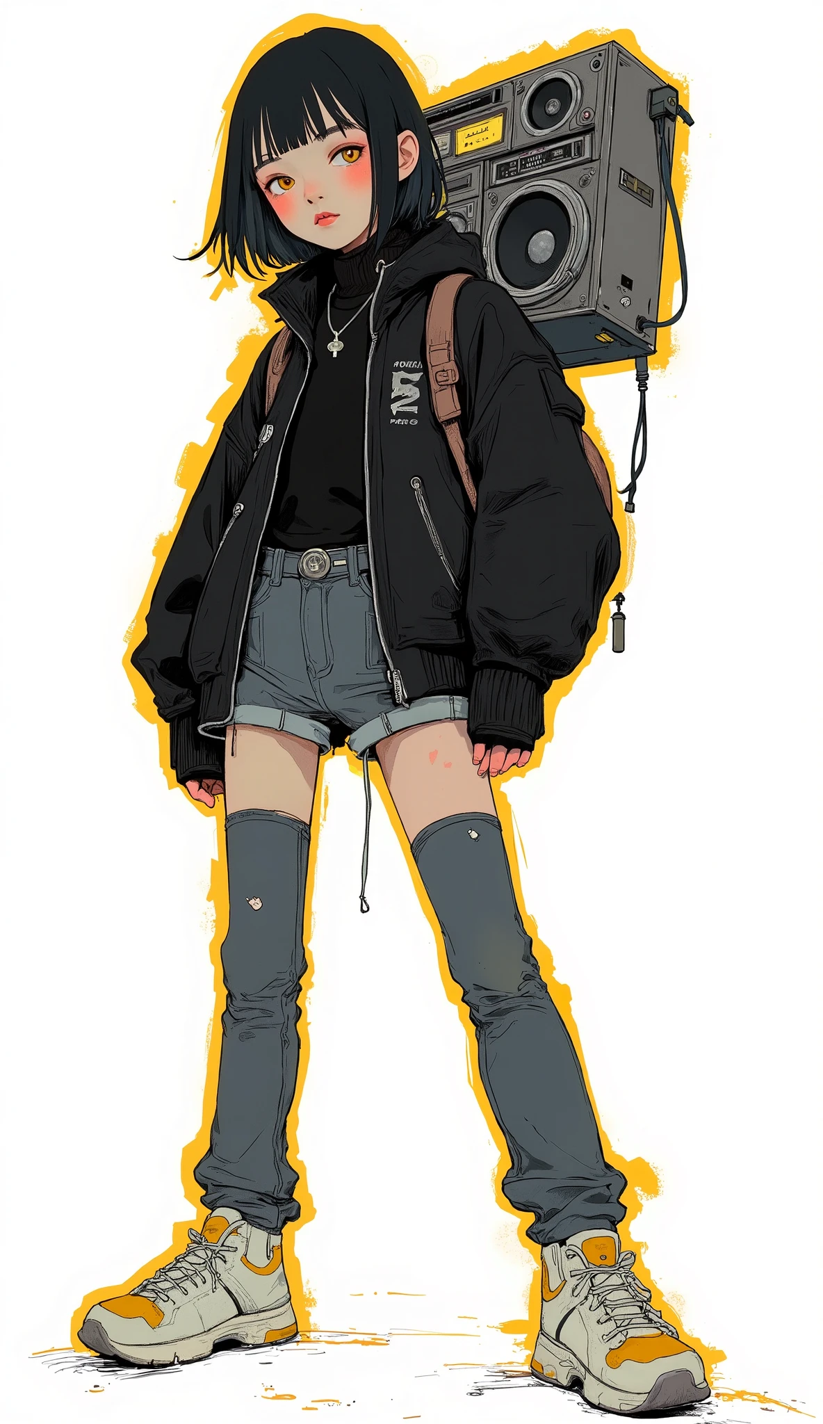 Japanese high school girl poses with a big boombox on her shoulder、creates a confident and relaxed atmosphere　 it shows . his expression is cold and confident, Highlights his slanted head. he has a loose jacket and a　It's about to break, both clearly contribute to an urban vibe, 80's hip-hop style. The piece is depicted in halftone dot style, casually emphasizes her figure , graphic novel-like images. a bold mustard yellow outline surrounds the figure, black and white elements of clothing and devices stand out、creates vivid contrasts . The background is completely white  , The focus is、detailed depictions of young men and boomboxes. This print is signed and numbered, This suggests it's part of a limited edition series, emphasizes artistic value and collector value.