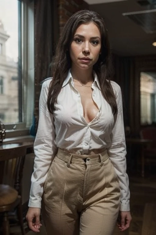 50yo plump Claire danes with light brown hair, with bangs, looking at the camera, (bulbous nose) ( large mouth), (closed mouth), smile, (open button down shirt showing bare chest), skirt, legs, sexy, (slightly full lips), sitting on a bed, Claire danes. Homeland, Claire danes