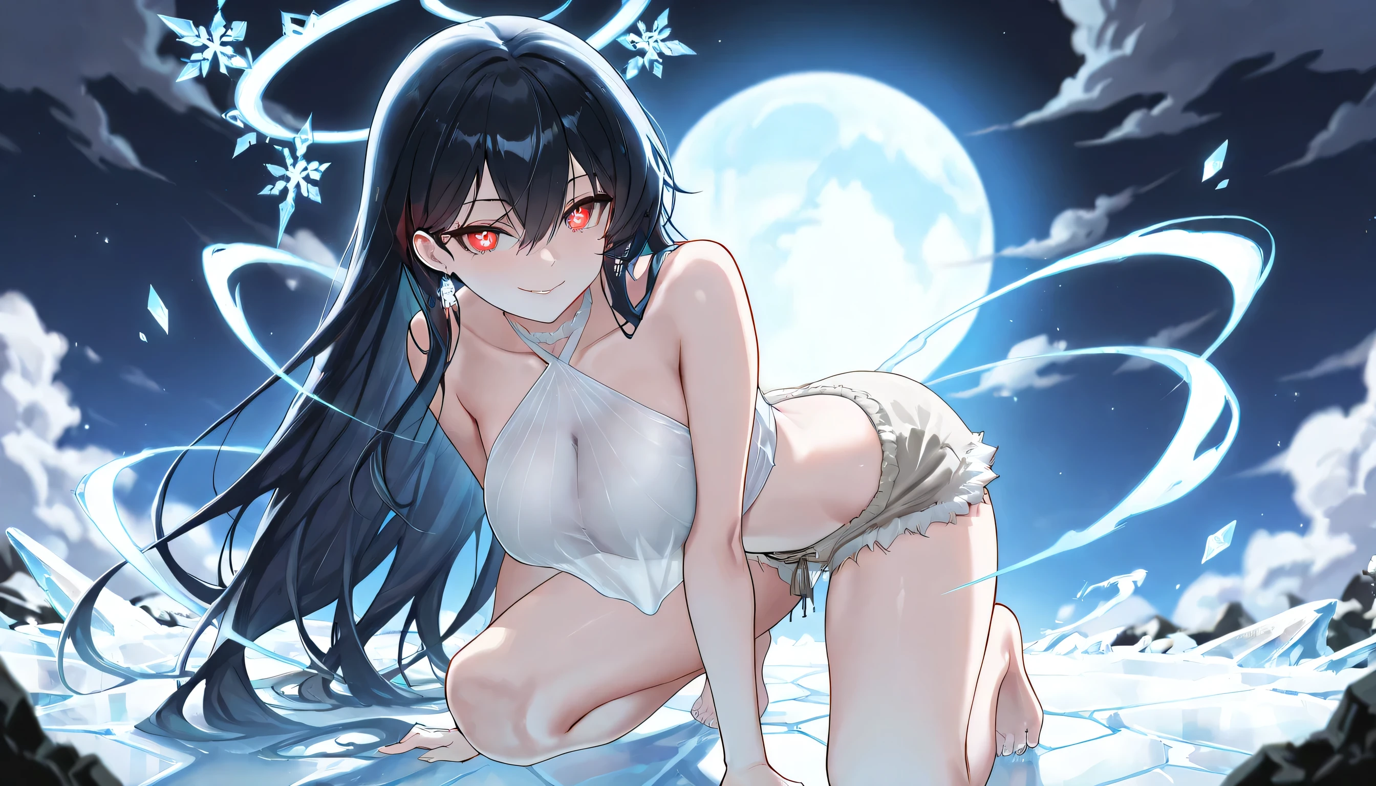 bangs, sidelocks, black hair, long hair, black hairband, perfect shiny hair, blue eyes, ultra-detailed eyes, iridescent shiny eyes,, , , empty eyes , large breasts, solo, nipple, , Heavy snowfall area, Freezing wet crying ,naked, flooding, lightning, inferno, running, bloodshed