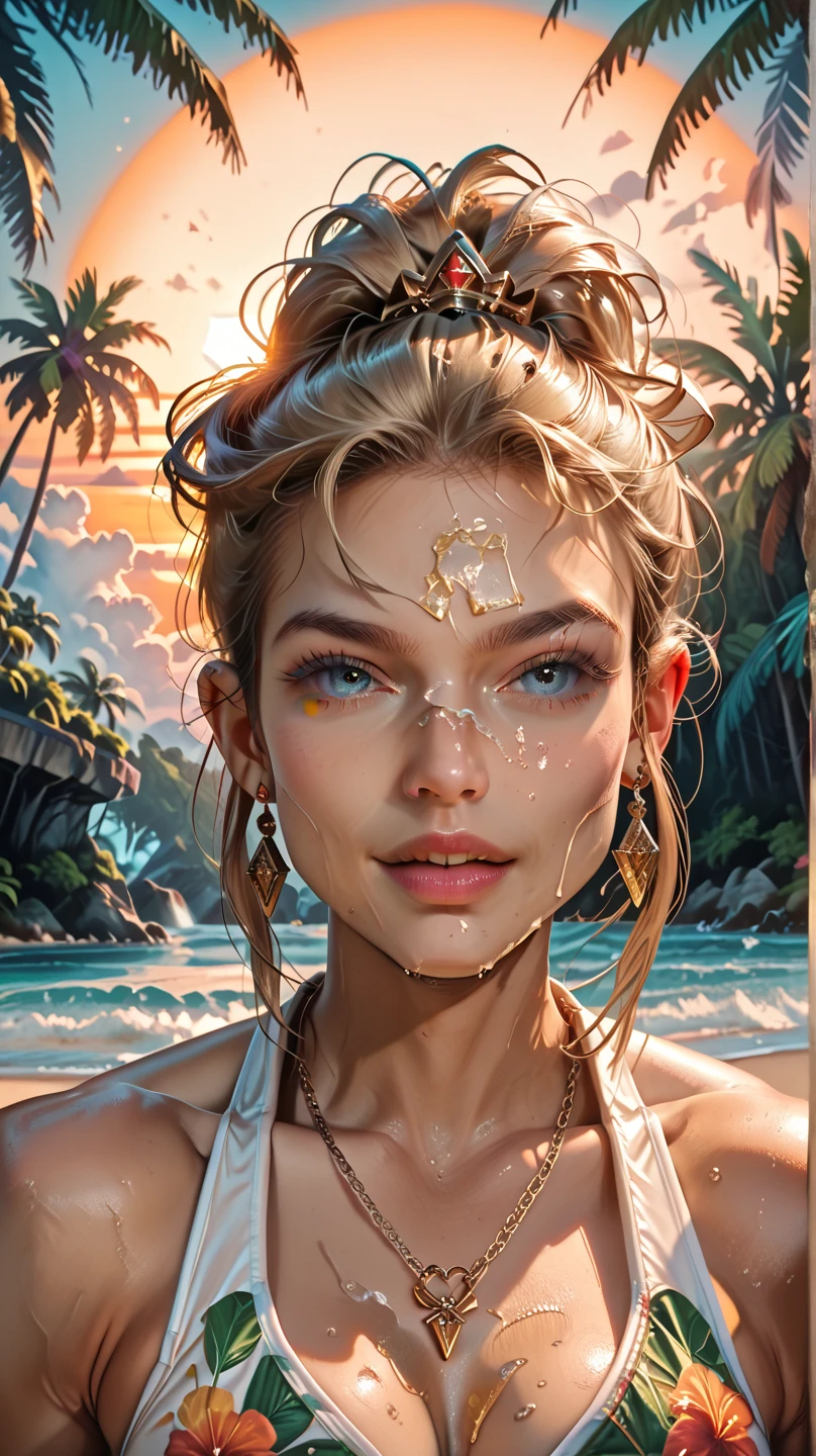 Hyper realistic nocturnal landscape, star-studded sky, the sea is quiet, the trace of water can be seen on the shore, highly realistic panorama, 8k quality, close-up view, there is a 1.70 meters tall, slim Latin woman with long red hair and a fine face, upturned nose, large eyes, full lips, and fine eyebrows. Her gown is a sheer white dress with golden details. Her makeup is simple yet elegant, with slightly shiny champagne-colored cheekbones, golden eyeshadow, and long and thick brows. Her dress billows gently as she stands right at the water's edge, casting an alluring charm against the st
