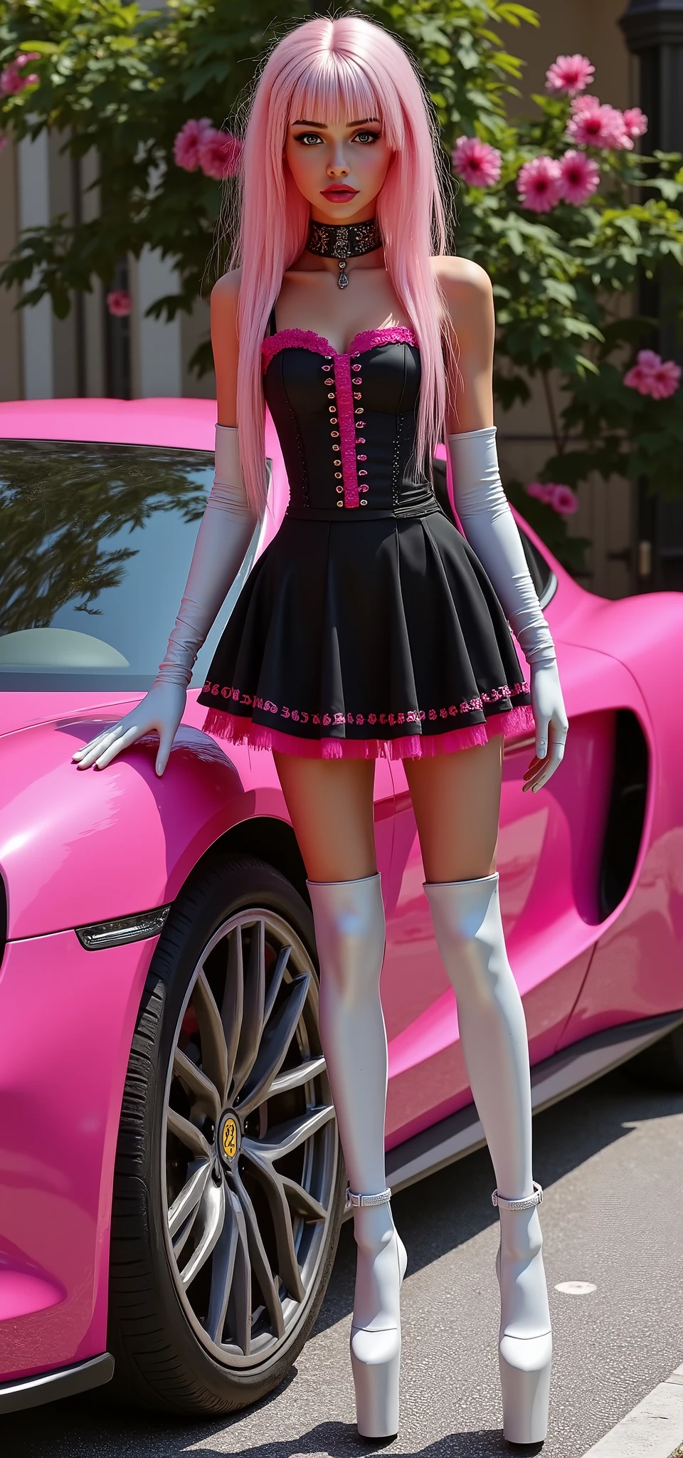  One, 1 girl, Full height High resolution , masterpiece, Accuracy, Realistic anatomy , award winner , Best quality, damaged , in detail, HD model, Main detail , high quality, quality, very detailed , Ultra high definition , Textured leather , Slavic appearance Very long hair , pink hair, double braids, Skinny slim body, (super long skinny legs), (extremly narrow slim waist), The maid's dress is as short as possible (black ), (short and tight micro dress), (extremly short micro dress showing white thong panties), (Extremly tight Corsett in black and pink in intricate degin, white on platform high heels, 25 centimeters , white long gloves on hand , ((Long over the knee shiny latex stockings:1.9)), shiny white stockings with tied pink sikl bands garter belt, (pink garter belt) holds a large bouquet of flowers full length a girl is standing next to a pink chrome Porsche Taycan 2024 Daylight hours 