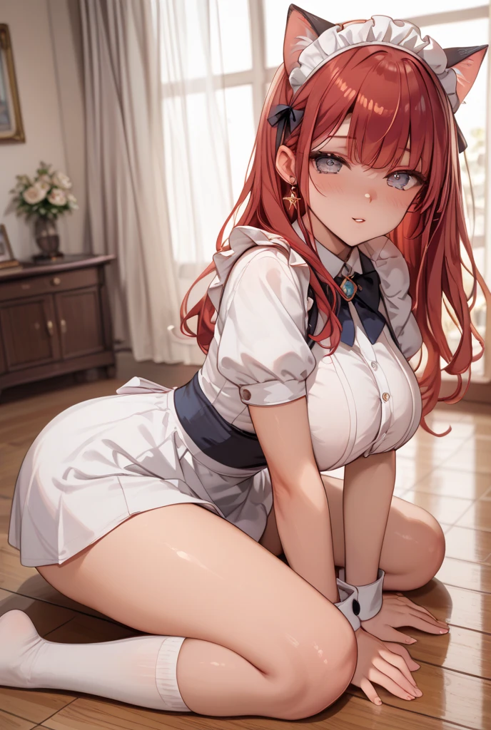 Anime style. Girl. Gorgeous. White underwear. Feathered. Miniskirt. Big tits. Mansomi. All fours. Enraptured. Protruding buttocks. Forehead,  red hair,  wave hair, yellow eyes,  glasses