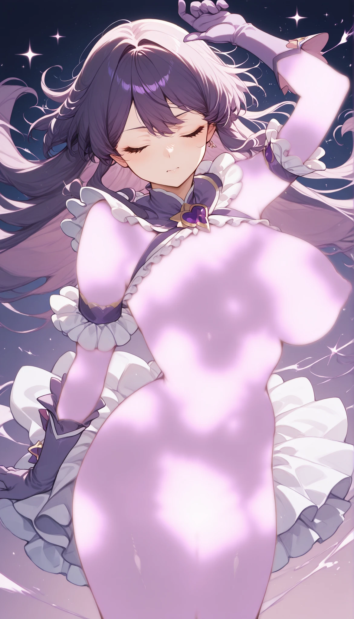 Beautiful illustrations, highest quality, ((upright)), ((Arms at your sides)), Watching the audience, Simple Background、White Background, 1 girl, Open your mouth, smile, Virtual YouTuber、With the girls、((highest quality, expensive_solve, clear_image)),(Black Hair), (Ahoge), (Extremely short hair), (Wavy Hair), Purple and white eyes,、Laughter、Very large breasts、whole body、I can see the valley、Dressed in student uniform、Character sheet,Character Reference Sheet, Character design sheet, ((Front view, Side view)) Symmetrical elements in clothing,