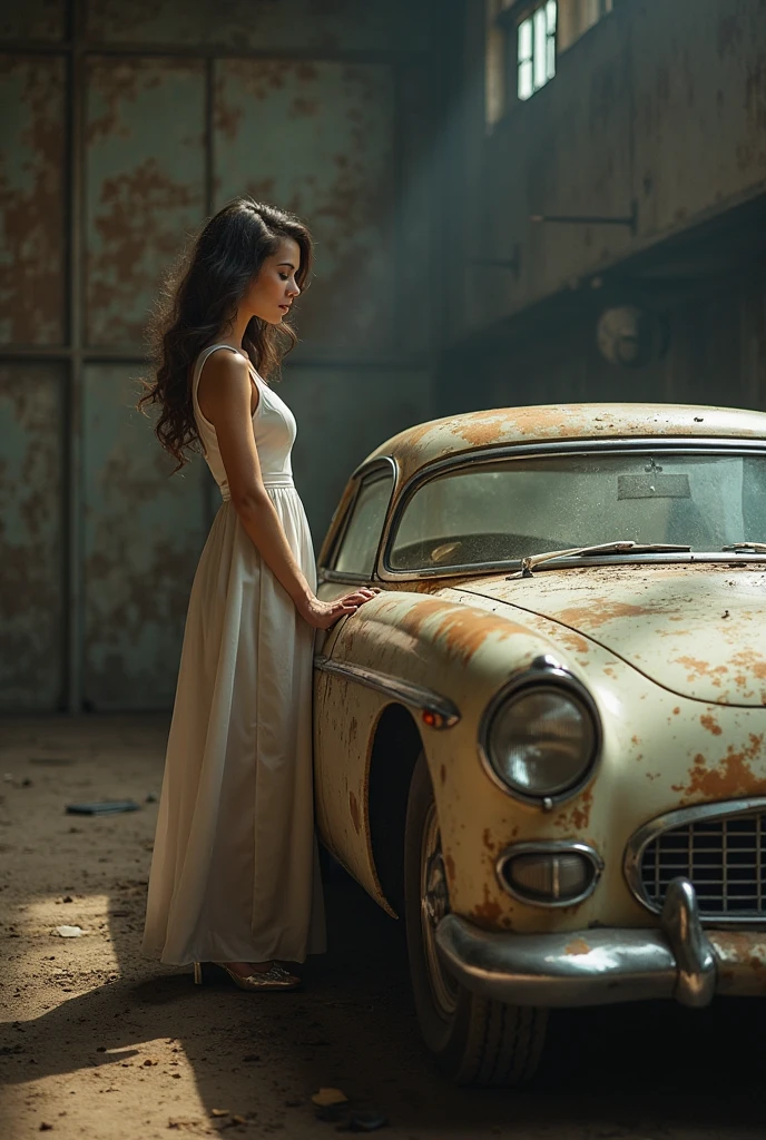 A young woman in a thin dress is practicing on an old car.