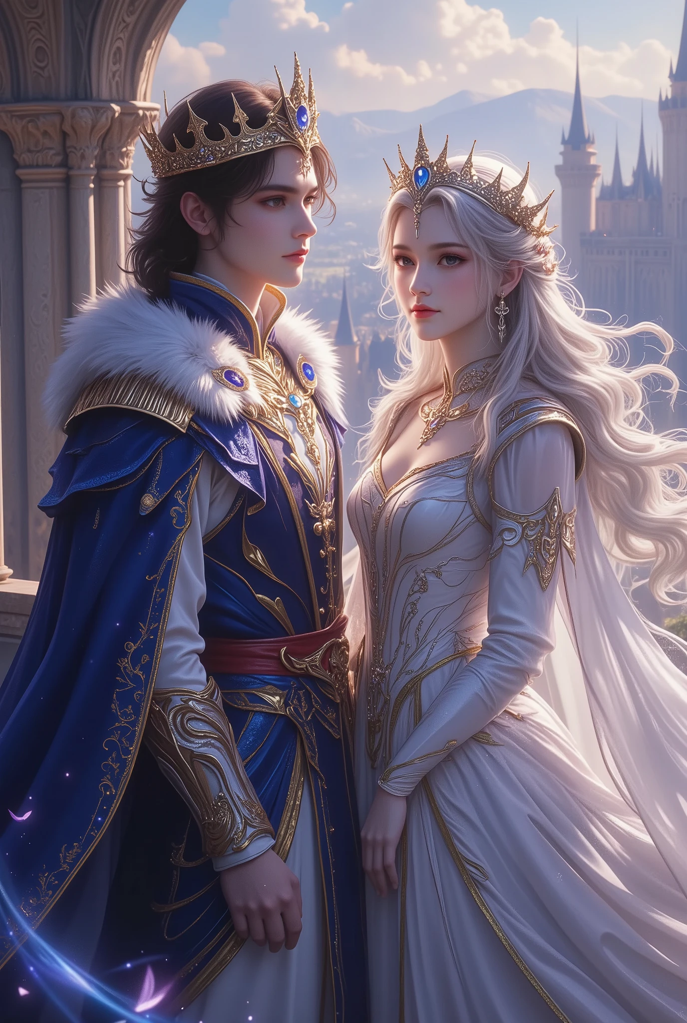 young king and queen standing proudly side by side, fantasy royal attire, elegant and powerful poses, flowing capes and jeweled crowns, glowing golden and sapphire accents, standing on castle balcony overlooking kingdom, soft dramatic lighting, detailed embroidery and armor fusion design, long hair blowing in the wind, magical energy surrounding them subtly, romantic yet majestic expression, cinematic fantasy atmosphere, realistic faces, ethereal background, high-resolution fantasy illustration