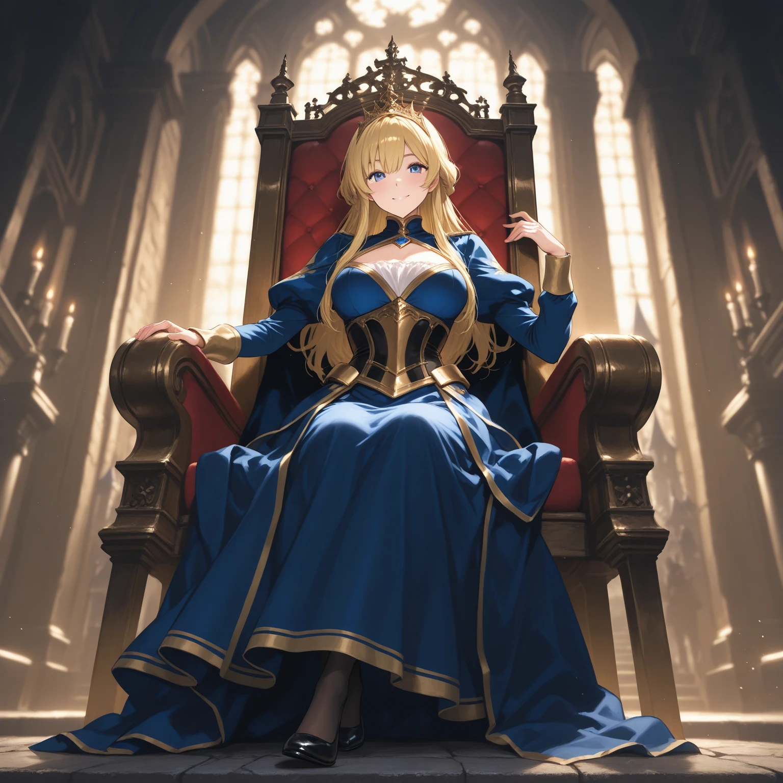 blonde long hair queen, golden crown, The Golden Throne, Masterpiece, big tits, Clingy clothes, Black Shoes, 8k, animated movie