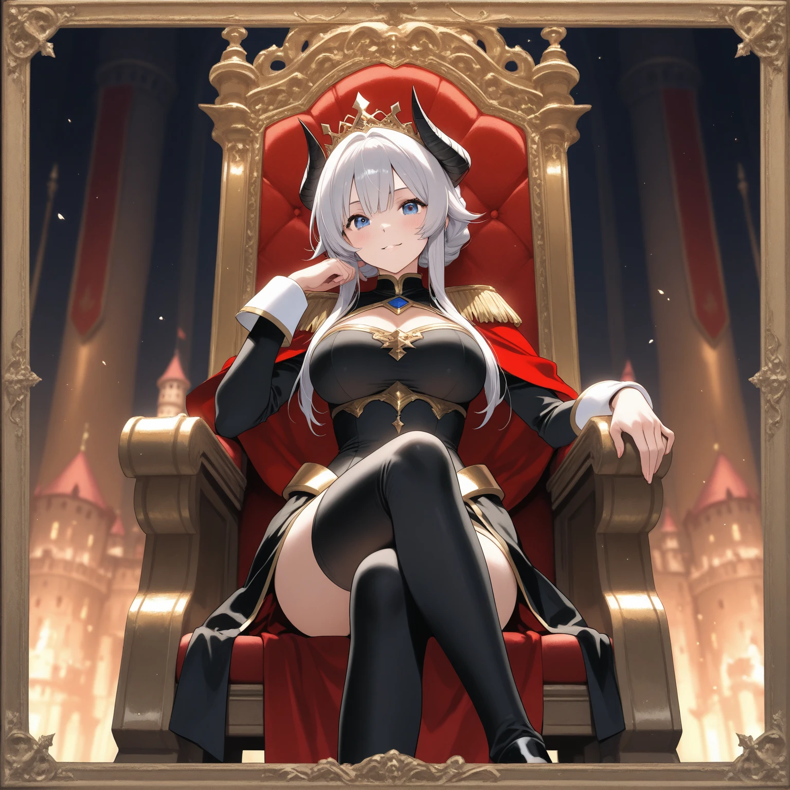 ((BLACK BACKGROUND,1:2, masterpiece)) full body MILF BIMBO standing with two long thighs and two metal sandals, red eyes, two-tone hair, brown hair, silver white hair, short bob style hair, big breasts, cleavage, separate sleeves, tiara royal, long cape up to two feet, yellow bikini, hands on waist, navel, toned body, lustful smirking smiling, smile face (red blushed, red cheeks), metal shoulders, gold sleeveless armbands, black leather choker slave collar (leather choker with big golden bell), shackle bracelets, red crest, pauldrons, breastplate, leather corset, eye focus, full body, whole body, 1solo, loincloth standing, hands on hips, big belt, view from below, feet together, bracers, tiara)