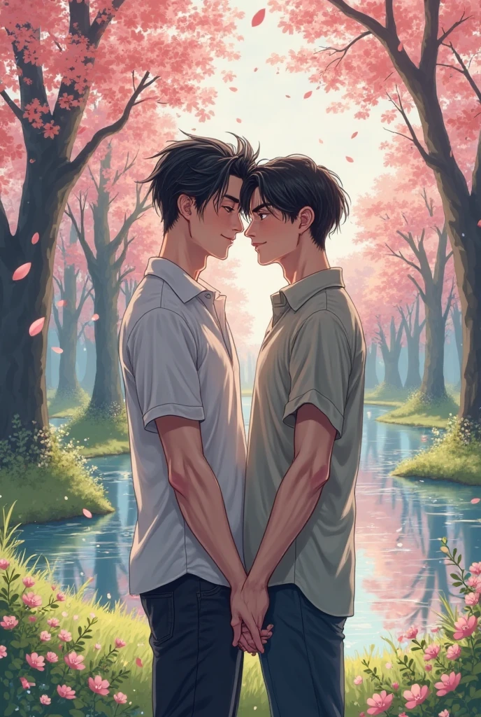 High image quality, two beautiful men, delicate eyes, lean muscles, tall, random hairstyle, A beautiful sunny morning, two camp boys in love passionately kiss on the brilliant green grass, two people wear white shirts, behind is a rainbow, surrounded by red roses.
