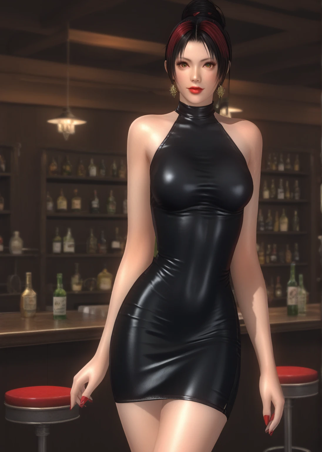 1girl, slender body, wearing black stockings and a short black tube dress, sitting in a lounge bar at night, Cowboy Shot,