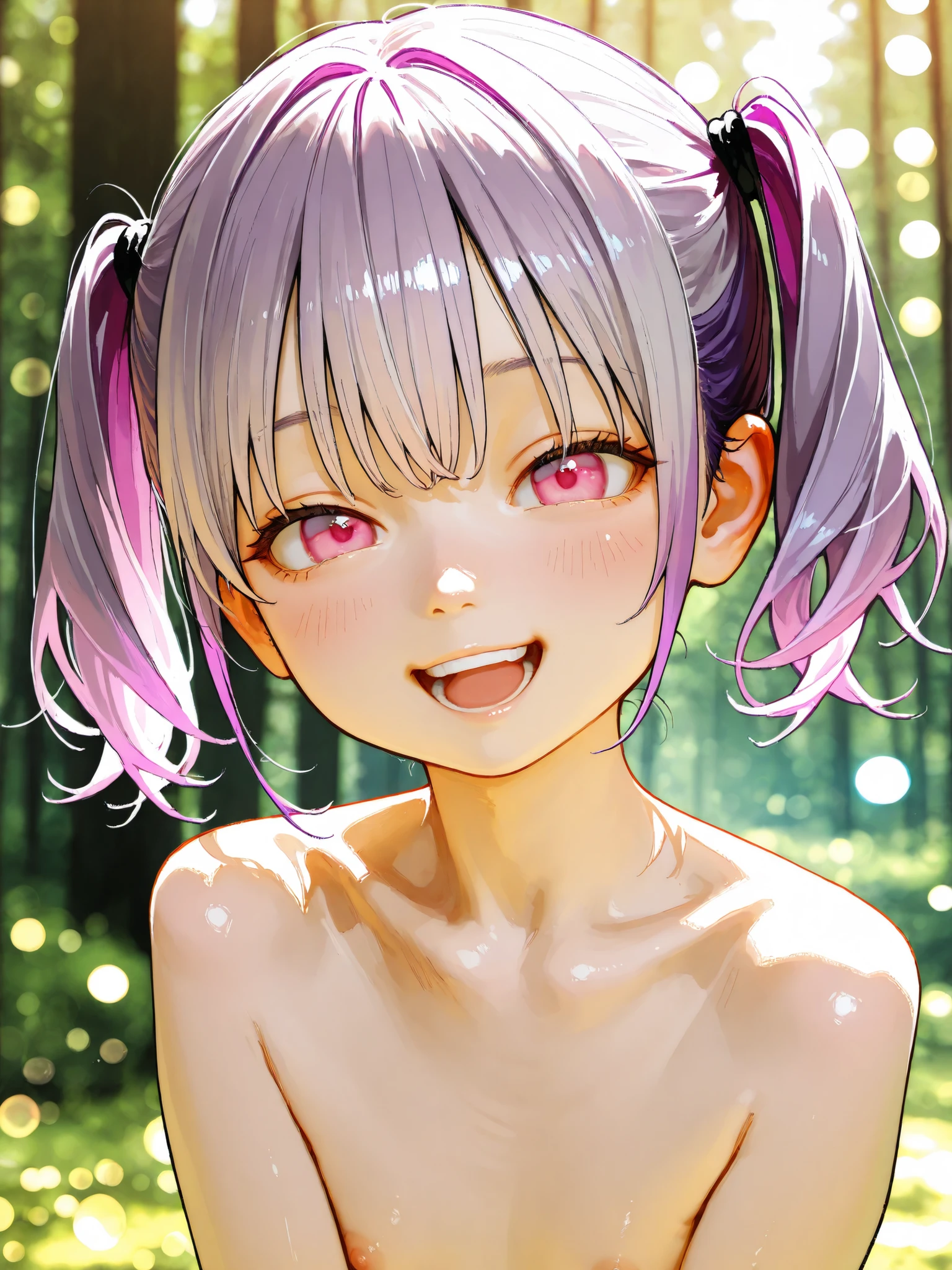 short girl, 1 girl,is young, flat chested,realisticな外観, big pink eyes, twin tails、Gradation color purple hair and gray hair、 completely naked、laugh at、forest、細部にこだわったrealisticな影、movie stills, real、Highest Quality, realistic, 4K rendering, ultra-fine texture, professional , delicate,background bokeh,