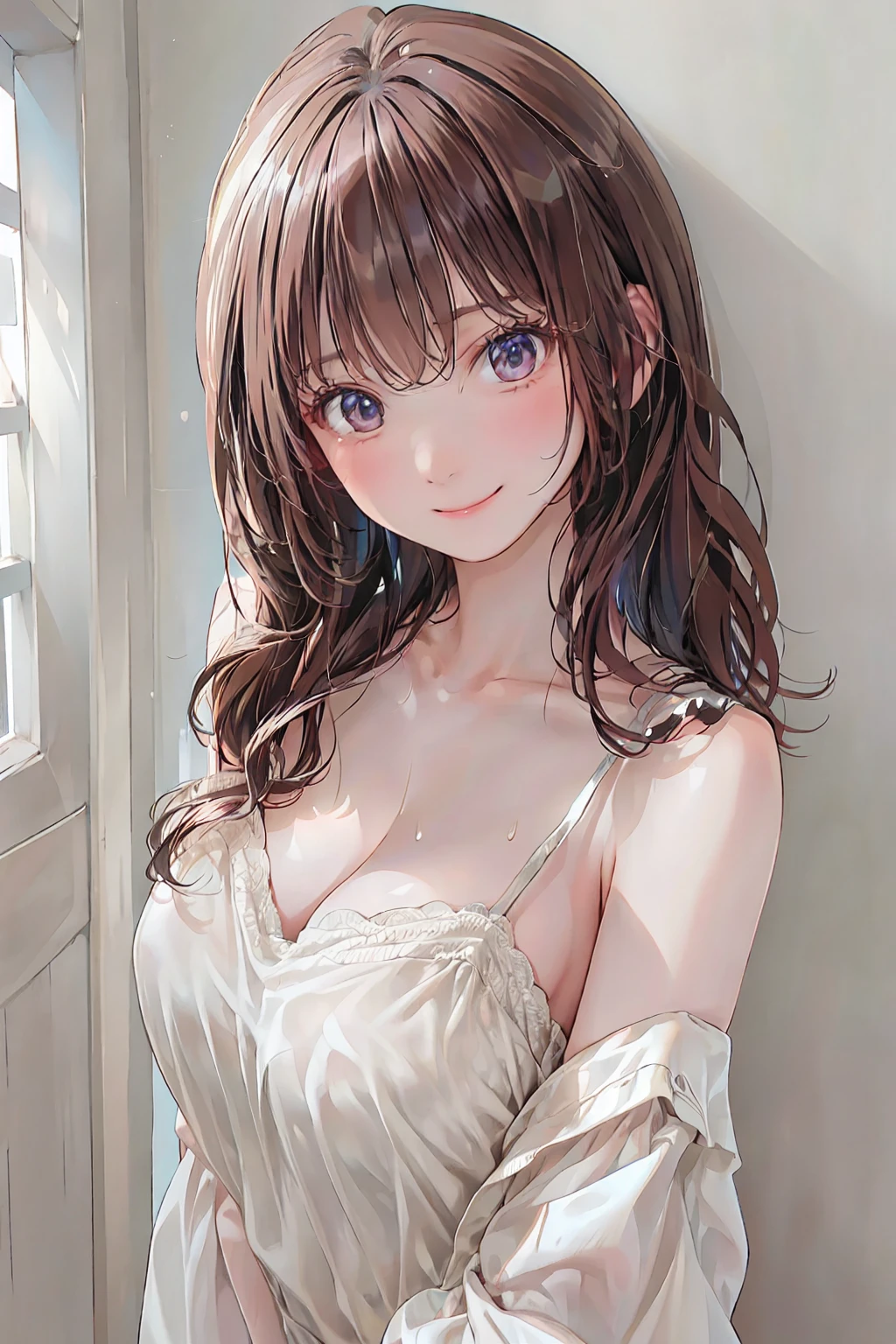 photorealism, highest quality, ultra high resolution, photograph, exquisitely beautiful photograph, extraordinary beauty, cheek gloss highlight, perfect body, Biologically accurate, cute and beautiful face details, beautiful bangs, shining white skin, bangs, between the eyes, beautiful glossy hair, smooth hair, thin hair, high resolution eyes, beautiful, bright and transparent, Big eyes that shine charmingly, eyeliner, double eyelid, focus on the whole body:1.5, 下からのphotograph, adult woman, 20 years ago, 1 person, Half-taken clothes, Undressing, (黄色のlace pantiesー), wavy hair, short shiny hair, (lace bra, soft big breasts:1.3), lace panties, firm chest, soft thighs, blue gray eyes, smile, 優しいsmile, fun, small earrings,