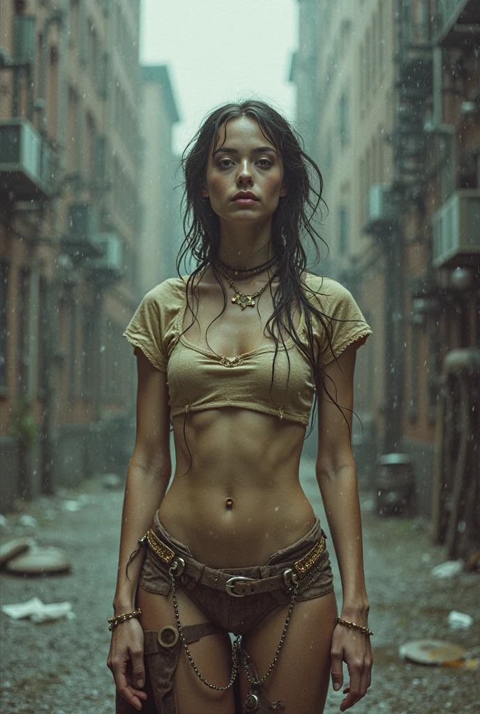 Ultra-realistic photo of Alicia Debnam Carey, (((torn,T-shirt with super huge cleavage, Mini jeans skirt and black sheer tights, Weapons training))), masutepiece, Best Quality, High solution, 32K HDR, Ultra-realistic texture, hyper derailed face, Portrait, ((natural, ultra gigantic tits, insane big)), Detailed eyes, {eroticism 1.5}, Photorealism, (view of Full body shot), Model Body Style, (fight pose, Show viewers her ultra-realistic shaved armpits),  Abandoned city, Messy streets, Shabby building, Apocalypse View), Zombies roam the ruined city.