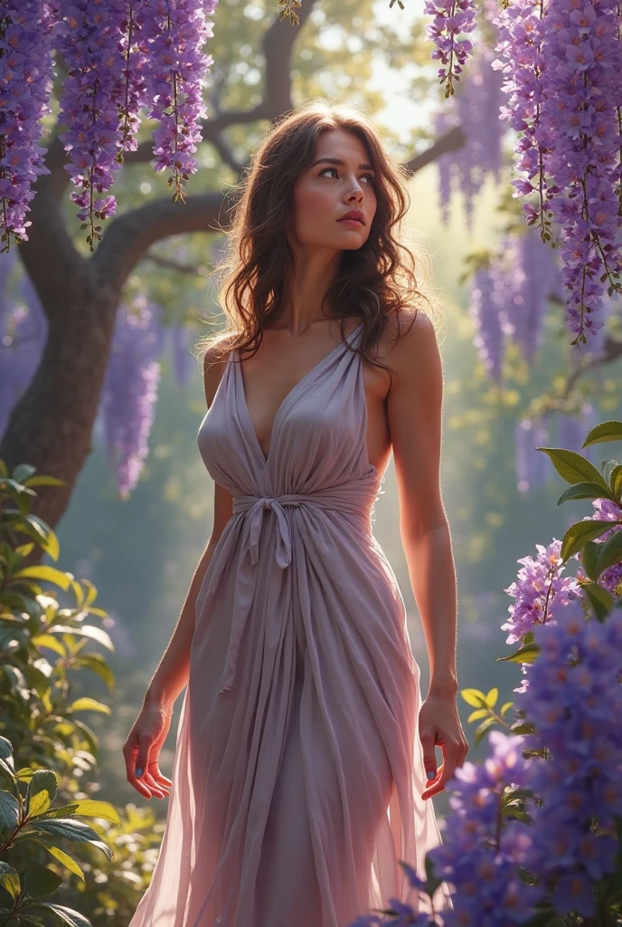 Masterpiece, Young Beautiful Girl has long hazel hair and green eyes, 1girl, AS-Adult, long-haired, hazel hair, small-breasts. Green eyes, wavy-hair, no bangs, symmetrical face. She wears a purple short dress. Beautiful legs. (Best Illustration), (beautiful-detailed eyes), (Best Quality Face, Fingers), Symmetrical, smooth, sharp focus, illustration, realistic, artstation, award winning photography, octane render, cinematic lighting from the right, hyper realism, octane render, 8k, depth of field, 3D. She looks at the viewer. Full figure. Background mountains. She is into a lavender field.