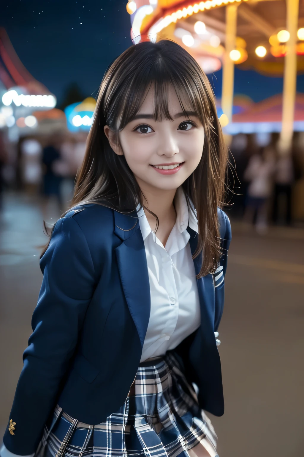(Highest Quality、masterpiece、super quality、Super accurate 、UHD、Ultra High Definition:1.2)、(16k、Photorealistic、Realistic As Pictured、 RAW photos 、f/2.8:1.uper realistic details、High Details、very detailed、Highest Qualityの影、depth of field、ray tracing:1.2)、(Baby Face、Pretty Girl High School Student、20 years old:1.uper cute face、One Nogizaka girl:1.3)、(Figure looking down、full body、Professional cinematography、super low angle:1.agitales、double eyelids、beautiful, clear, dark eyes)、(natural makeup、crystal pendant for acting)、(big smile、happy:1.hort brown hair、bungs、流したbungs:1.2)、(perfect anatomy、完璧な比率、Beautifully detailed body、Beautifully detailed hands and fingers、Beautifully detailed legs、 white skin、very detailedな肌と顔の質感:1.2)、(JK white shirt、 JK Plaid Pleated Skirt:1.4)、(JK navy blue blazer uniform、Female High School Student Uniforms:1.4)、(Amusement park at night、fantastic、Mysterious、Night Scenery、starry sky:1.5)、(Low angle shot of a female high school student looking at the camera with a medium waist:1.4)、( beautiful Korean girl 、 cinematic lighting that accentuates breasts、Professional Lighting)