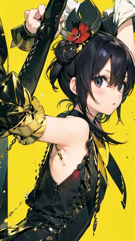 stained panties, pee stain, Black background with spotlight,1people々((Dark Skin:1.5,Dark brown eyes:1.4,Black Hair:1.3,Gal Style,big ,)), Leopard print underwear、rinwell , beautiful girl、Raise your hands to show your sweaty armpits,