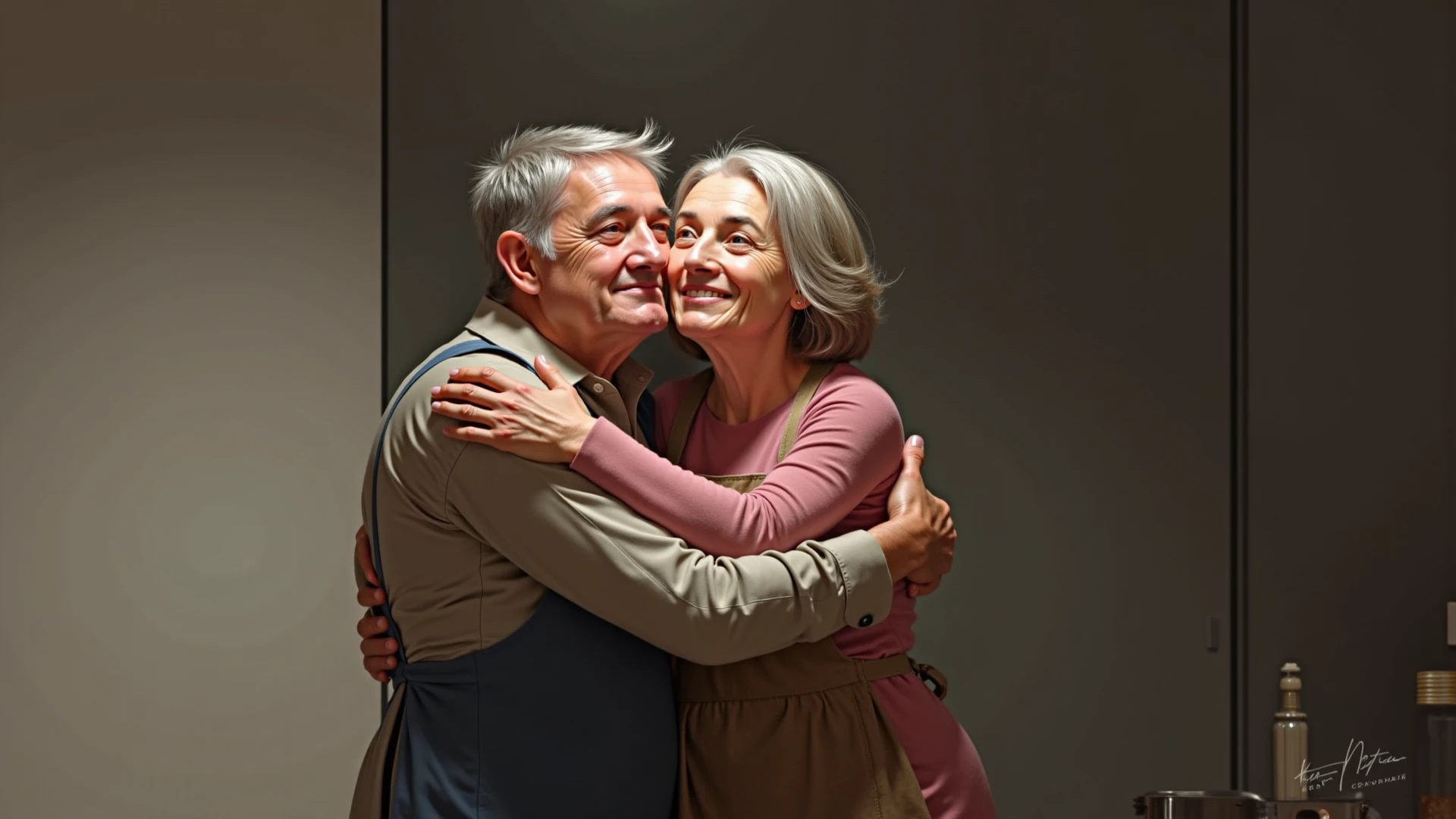 Grandpa and Grandma standing and hugging each other, smiling cutely, bright faces, realistic picture. Very high contrast