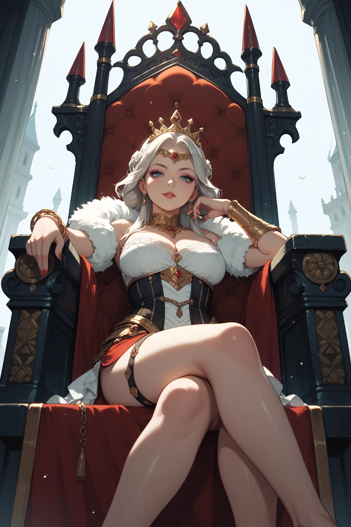 Cute, (human), (sitting on throne:1.1), (fingers in mouth:1.1), (finger on lips), heretos xyal s scene, spreading legs, (magic furry:1.2), (warrior woman:1.1), (proud pose), (milf:1.2), full body photo, looking to camera, (round breasts), (bubble butt), (wide hips:1.1), (slim waist:1.1), (thick thighs:1.1), (detailed face and eyes:1.2), (black short hair), (full lips:1.1), seduction smile, (dragon scale armor:1.2) with (lots of details), (detailed hand and finger:1.2), (medium breasts:1.2), (busty), (deep cleavage:1.2), (labia outline:1.3), (hard teat:1.3).