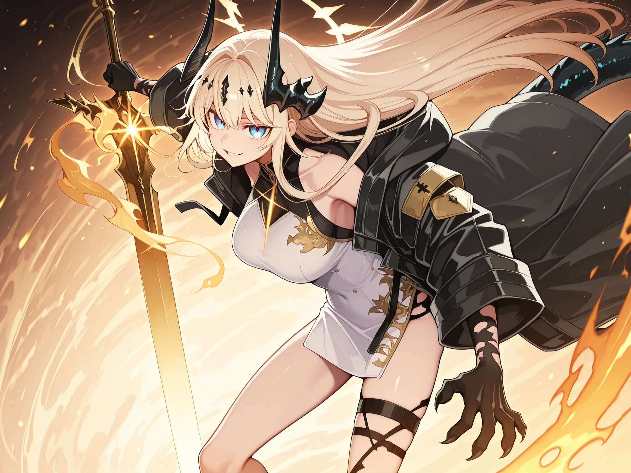 sozinha, 1 , e baixa, personagem pequena, personagem curto, personagem curto , Personagem 1 ,50 metros de altura, e baixo, personagem jovem, with big breasts and butt ;
cabelo loiros, the character's hairstyle must be the same as Alice Zuberg's "sword art online", franja longa, black horns like those of the character Reed, The Shadow of the Flame of "arknights", Halo above the head like Asuna Ichinose's from "arquivo azul";
flashy blue eyes, sorriso provocante, sorriso feroz, rosto jovem, perfeito e bonito;
anatomia perfeita, the character's tail must be that of a dragon and must be black (with a golden flame on the tip of the tail), black tail like that of Reed, The Shadow of the Flame of "arknights", Colored arms in the Nian style of "arknights" (, but the arms and hands must be painted in the colors black with gold details), exposed arms and shoulders, hands with claws, black hands with gold details, black arms with gold details, always wearing Reed's coat;
Black coat like Reed's on "arknights" (inner part of the case is red), sexy black Chinese dress with gold details, long Chinese dress, exposed arms, corpo baixo, exposed arms and shoulders, coat falling down the arms;
wielding a sword (montante) black with gold details on the sword, ornamentos de ouro, sword larger than the height of the character, The sword design is futuristic , Pose chamativa, exposed shoulders and head, provocative and fierce smile, Confidence , personagem jovem;
(detalhes): fundo preto, attack position, coat looking at the observer, mãos e black arms with gold details, sempre vestindo o;