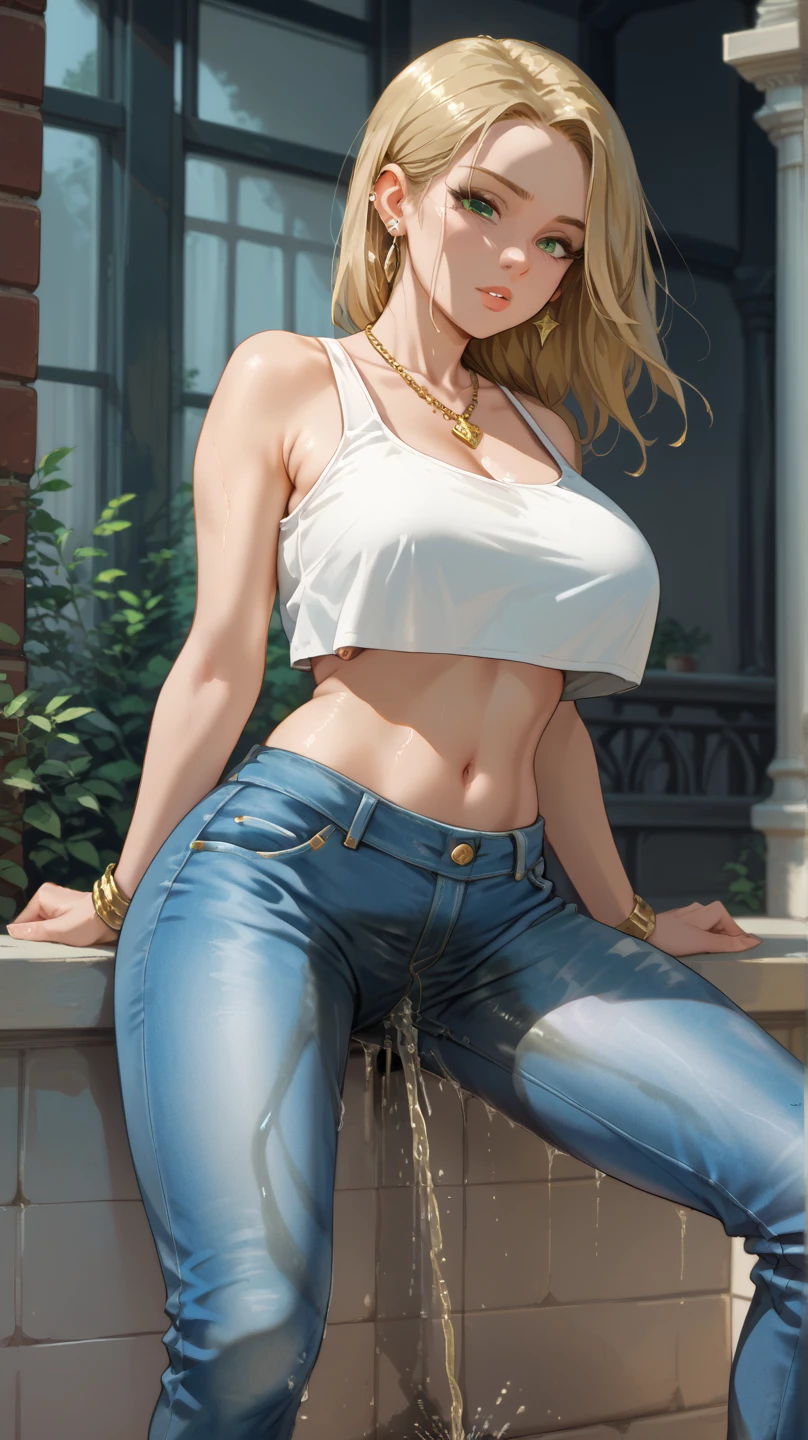 masterpiece, best quality, elegant, mature, 1girl, solo, blonde hair, long hair, ponytail, blue eyes, empty look, tank top, white top, shorts, large breasts, lotus sitting