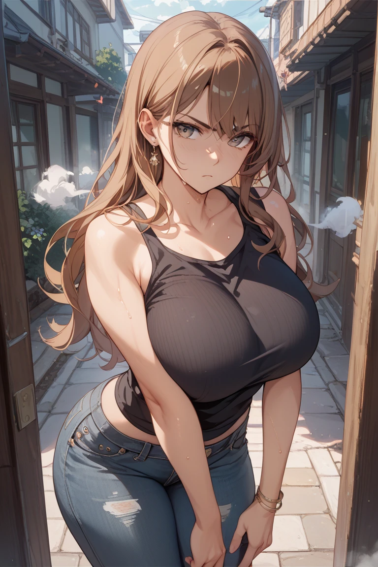 best quality, masterpiece, detailed,
SentoIsuzu,
solo, closed mouth, (sweating)
brown hair, brown eyes, long hair, antenna hair, ponytail, hair bow,my room,camisole,denim shorts,huge breasts,looking viewer,thighhighs