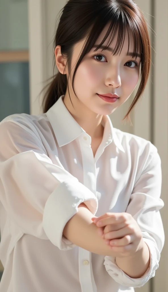 ((Best Quality, 8k, Masterpiecedetails, ultra-high resolution)), (looking at the viewer), (full shot:), attractive business 1 milf laying down on office, desk, a bit chubby:0.25, white collared shirt, grey skirt, (laying down on office desks)), smile, office of CEO,