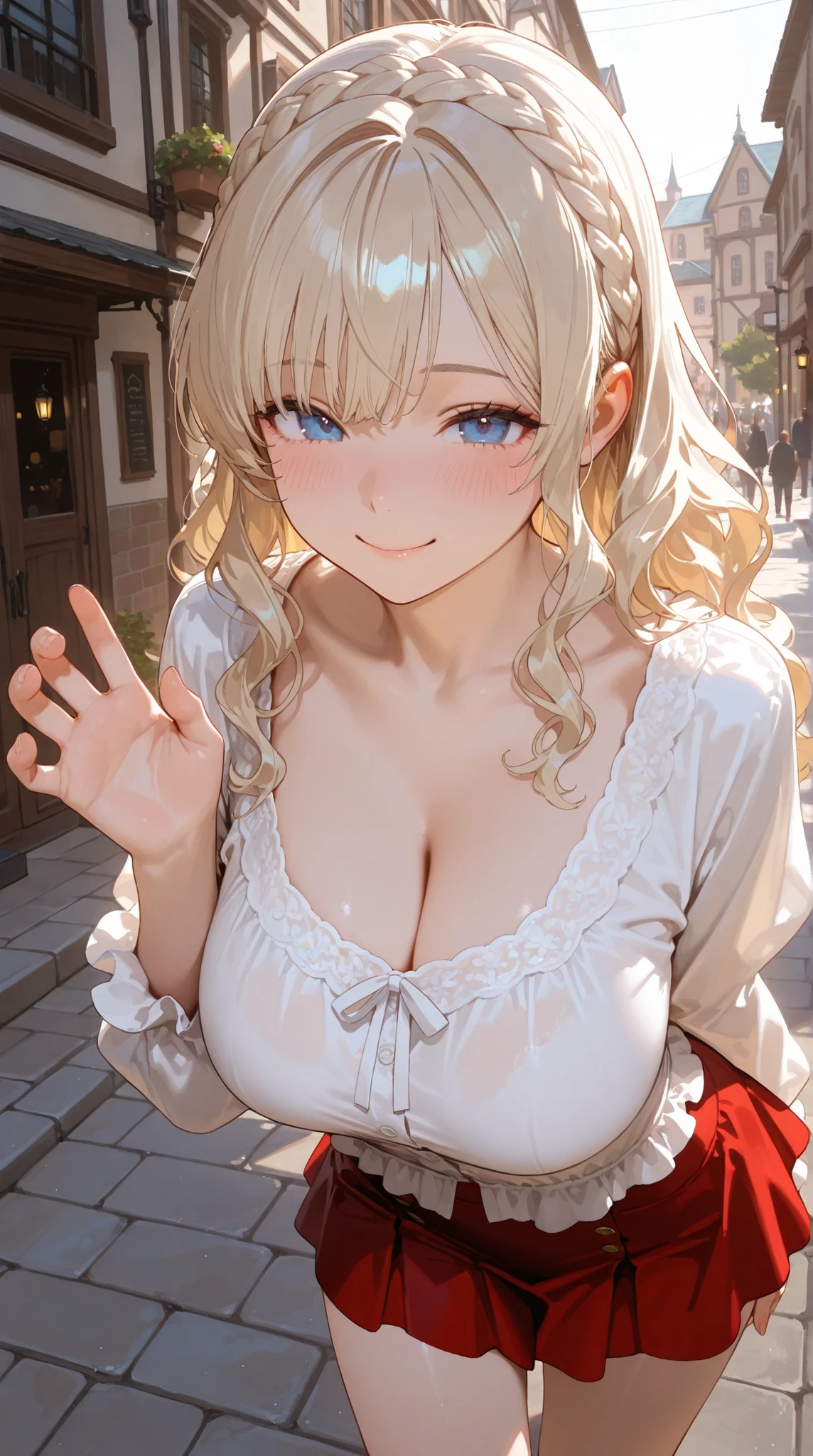 （Best image quality）,masterpiece,8k wallpaper,One Woman,22 years old,Europe,（（German folk costume））,((Large Breasts:1.3)),Cleavage,On all fours,Looking up at the audience,Captivating smile，The background is a German village,Natural soft light,frontage,70 degree angle of view