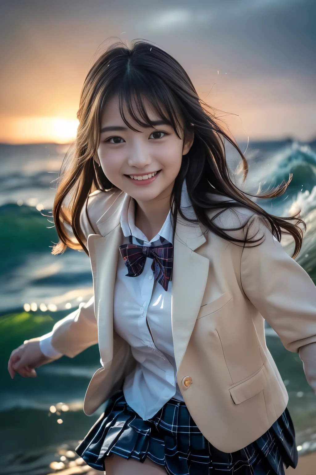 (Highest Quality、masterpiece、super quality、Super accurate 、UHD、Ultra High Definition:1.2)、(16k、Photorealistic、Realistic As Pictured、 RAW photos 、f/2.8:1.uper realistic details、High Details、very detailed、Highest Qualityの影、depth of field、ray tracing:1.2)、(Baby Face、fashion model、20 years old:1.uper cute face、One Nogizaka girl:1.3)、(dynamic action、full body、Running happily along the beach、Professional cinematography、low angle:1.agitales、double eyelids、beautiful, clear, dark eyes)、(natural makeup、crystal pendant for acting)、(big smile、happy:1.hort brown hair、bungs、流したbungs:1.2)、(perfect anatomy、完璧な比率、Beautifully detailed body、Beautifully detailed hands and fingers、Beautifully detailed legs、 white skin、very detailedな肌と顔の質感:1.2)、(JK shirt、 JK Plaid Pleated Skirt:1.4)、(JK Blazer Uniform、Female High School Student Uniforms:1.4)、(Big Wave、Southern Ocean、fantastic、Mysterious、Night Scenery、starry sky:1.printing with joy、running、High school girls running at full speed along the beach:1.4)、(wet hair、wet costume、Hair blowing in the strong wind、Skirt fluttering in the strong wind)、( beautiful Korean girl 、 cinematic lighting that accentuates breasts、Professional Lighting)