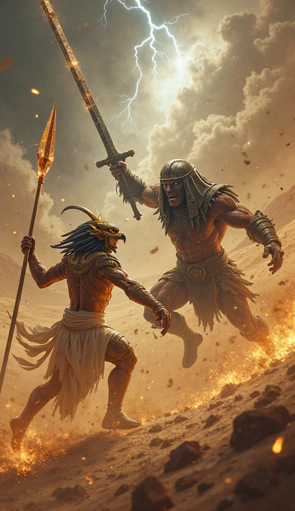 Dark Egyptian god and other Egyptian god fighting eachother with clashing swords on Sandy battlefield and dead bodies of the Egyptian army are lying scattered
Dark clouds thundering in sky and ground shattered around them