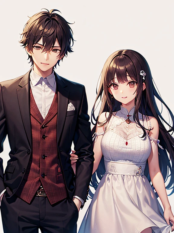 masterpiece、highest quality、High resolution、Very detailed、Medium wide shot、Man and woman facing each other、Large breasted women、Handsome man、Angle from the side、profile、Smiling、Gazing at each other、Are standing、Hands at your side、