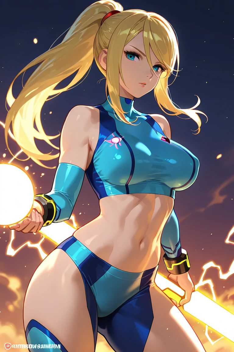 Samus Aran from Metroid Game, legs spread, sweat, well demarcated, bikini, sexy 4k, anime style, intricate details