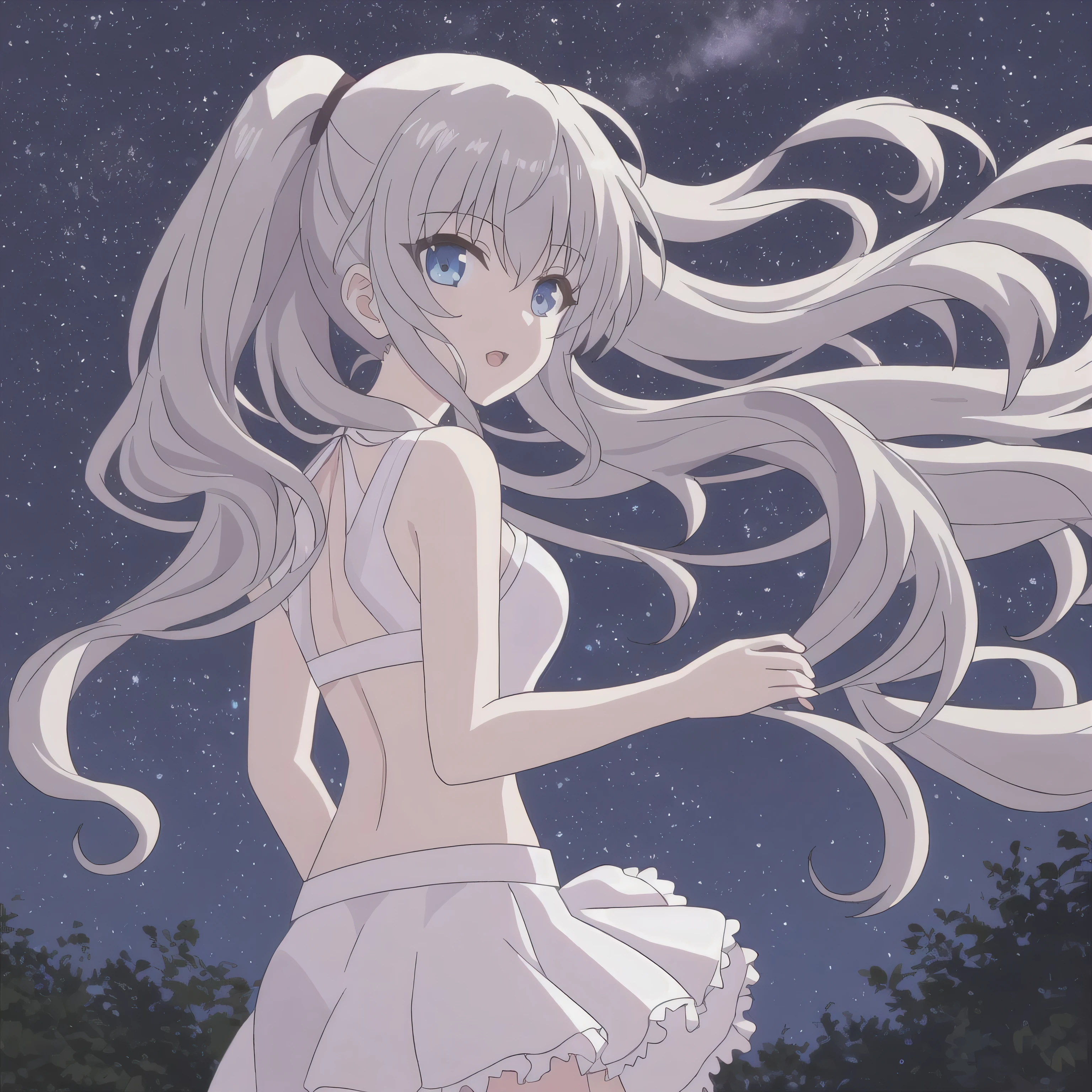 (best quality, masterpiece, high-resolution),1 girl,alone,long hair, double ponytail, bangs,Cowboy Shooter, blurry,wind,lightweight particles,(super detailed), REAL LIGHTING , 4K, 8,000,white dress , skirt,White hair, long hair,night,Sky,Star,Stars,抬头望向Sky,background, looking back at the audience ,Back,lol