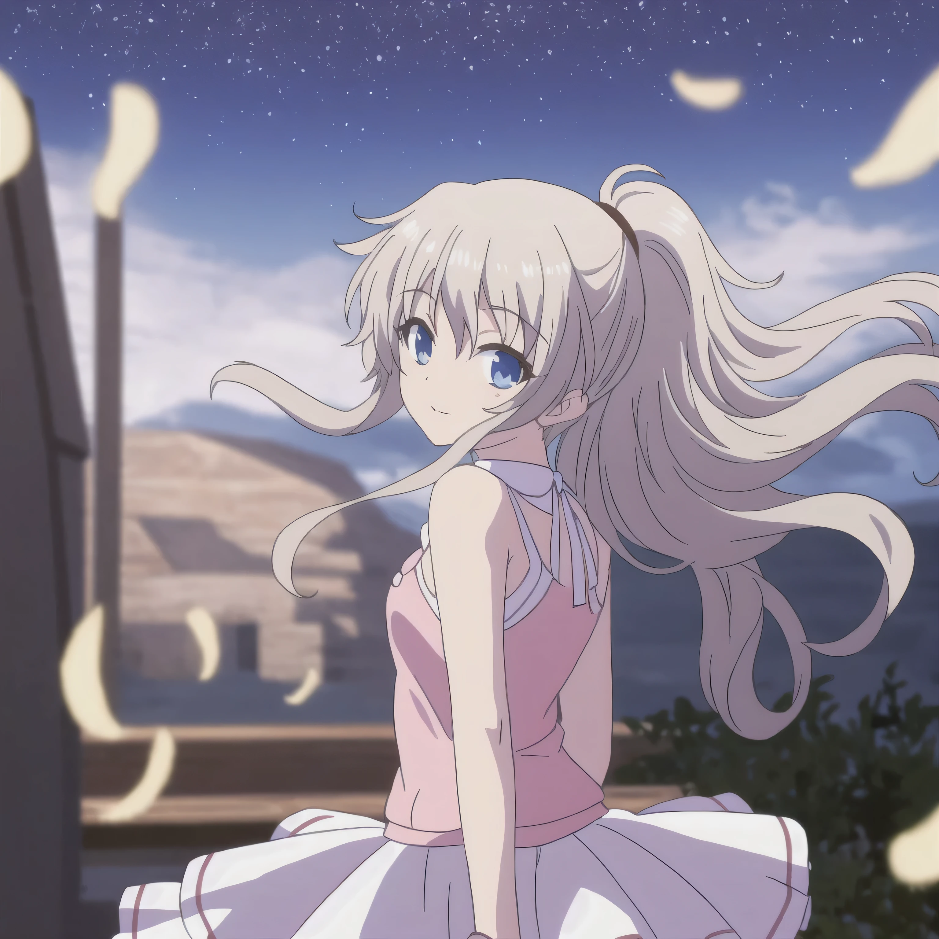 (best quality, masterpiece, high-resolution),1 girl,alone,long hair, double ponytail, bangs,Cowboy Shooter, blurry,wind,lightweight particles,(super detailed), REAL LIGHTING , 4K, 8,000,white dress , skirt,White hair, long hair,night,Sky,Star,Stars,抬头望向Sky,background, looking back at the audience ,Back,lol