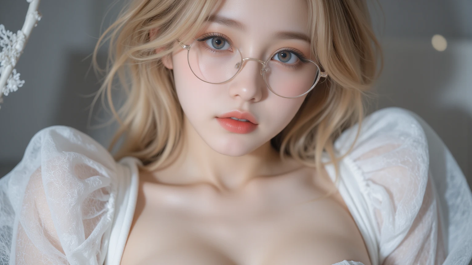 1 female,20th generation,round glasses,blonde hair,semi-long,Moist eyes,looking at the viewer,dynamic angle,cleavage,upper grade,Upper body,High definition,masterpiece,Highest image quality,8K,Super realistic,Chest and face are visible,sexy,