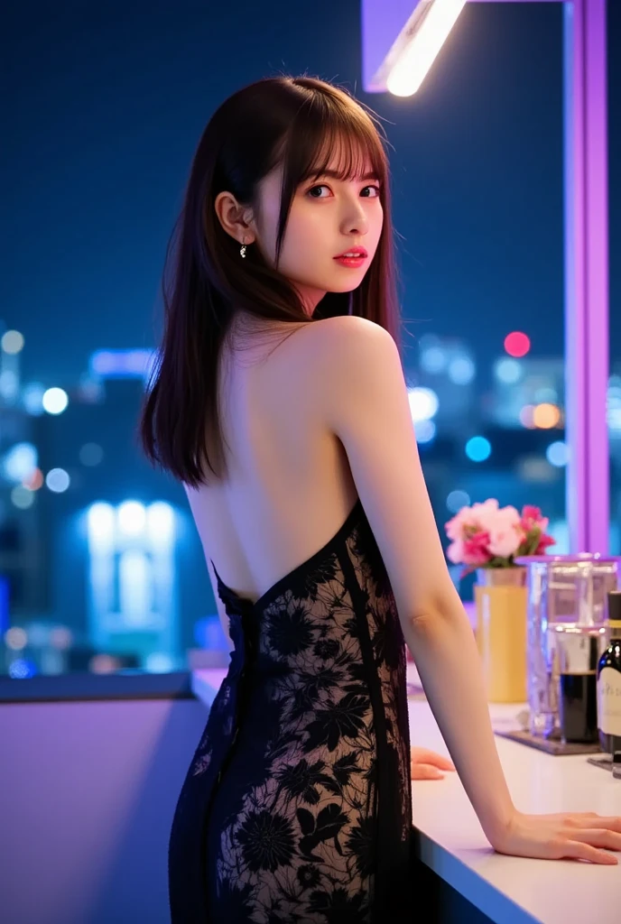 Dark brown hair、Light brown eyes、Japanese actress、 Lady、I am about 40 years old.....、(Intricate details:1.2)、(Which is the top?????:1.4)、 (Ultra-high resolution:1.2)、Ultra-high resolution、(Finely tuned)、(Detailed facial features)、Hmph、8K resolution、D cup size breasts、Long Hair、Rooftop Bar、Night view、Extravagant space、relax、、,Full body photo、Head to toe shot、Beautiful feet、Camisole dress、Beautiful feet、she,   Fashion Hub, Attention to detail, Very detailed, Realistic, Hourglass Shaped Body, Obscene pose,、、私 cry a lot、tears、diagonally from below、please lift your chin、Put your butt against the wall、relaxした表情、Pose of Weakness、(auraroid photo:1.2)、From outside the window、A masterpiece of transparent painting、8K、32k、Highest quality、(Details of both eyes)、1 Girl、elegant、(Loose black dress :1.4)、Night view。(Low - Angle、Look up and look at me:1.2)、Hilarious、Looking into the camera、
