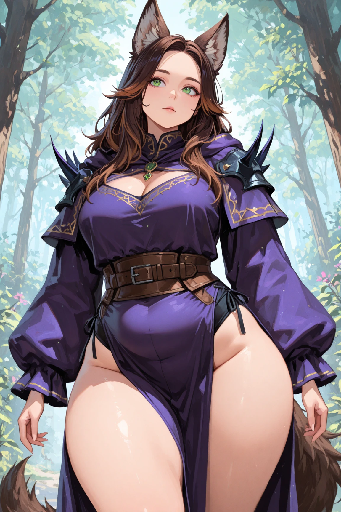 1woman, chubby, wide hips, long brown hair, wearing a fantasy tunic and a mini skirt, standing in the forest, from the front, teasing, small breasts, bottom heavy, adult. big smile, teasing, mature, overweight,