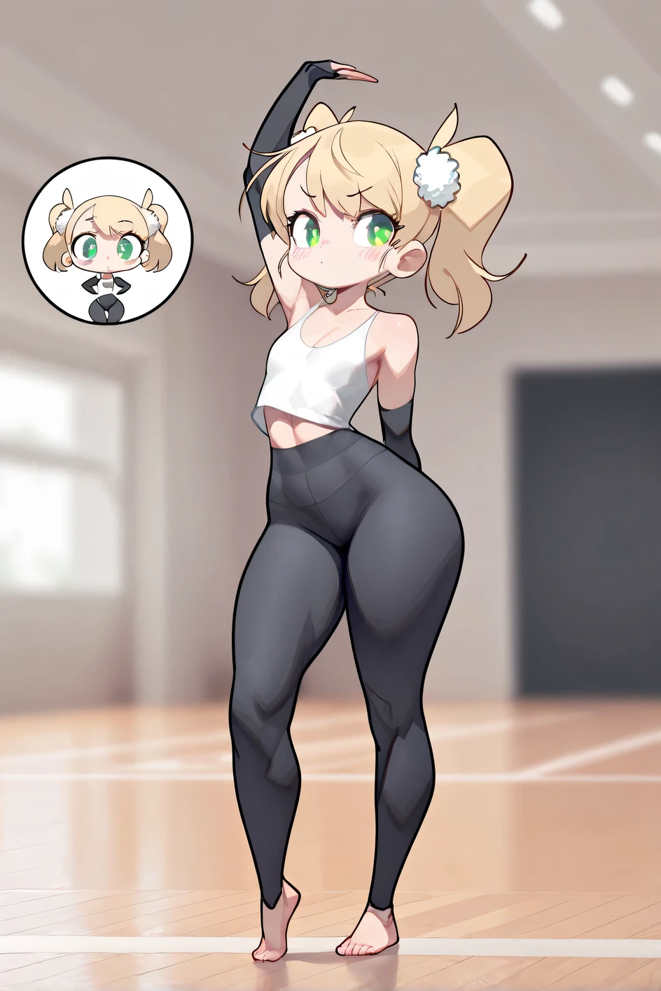 a full body girl, Ui Shigure (Chibi version ), Alone, pigtails, underwear, Gloves, elbow Gloves, green eyes, blond hair, source_anime, ((masterpiece)), a full body girl, charming beauty , blush, pretty girl Tsundere, voluptuous body, ( she is very small), perfect attractive curvy slim body, charming beauty , gorgeous body shapes, the perfect female figure, big hips, very wide hips, very thick thighs, sleeveless t-shirt, gymnast, training, yoga, fitness, Leggings, barefoot, blurred background, 4K resolution photo , best quality, amazing quality, very aesthetic, absurdres, HDR-10, ultra high definition, ISO 3200k , neckline,