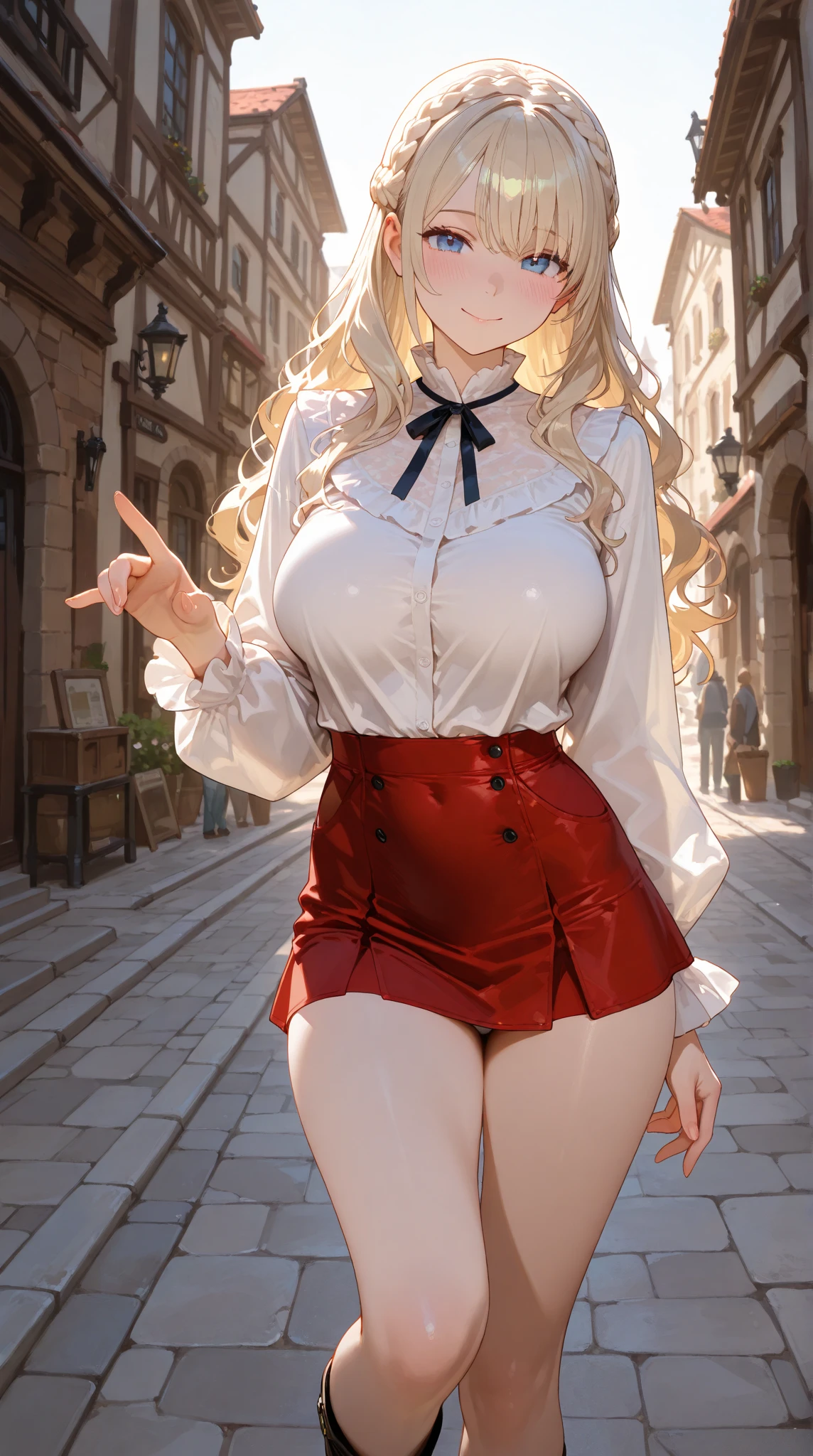 Adult Woman, Long dark blonde wavy hair、Black and pink dress, Puffy nipple、(Long flared skirt),、beautiful tiara、耳Nipple Ring、Medium milk, cute smile face、(Pose to lean forward and emphasize the chest)、(turned around)、sexy hips、Black High Heels、a castle yard、sexy pose、(((The skirt is rolled up by the wind)))、Sexy lace panties
