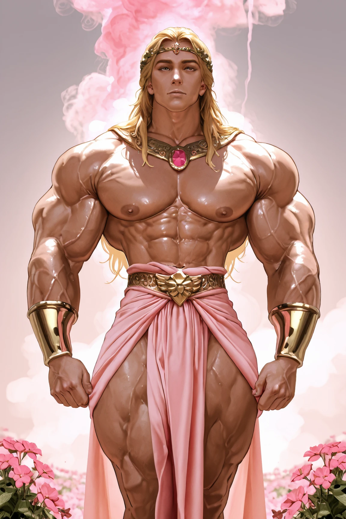 Priapus strong virile large mass beautiful androgynous face with sharp features and eyes with an intensely natural green color, wearing Greek costumes, large wavy hair that cascades down to his strong shoulder and muscular golden skin. big hard dick