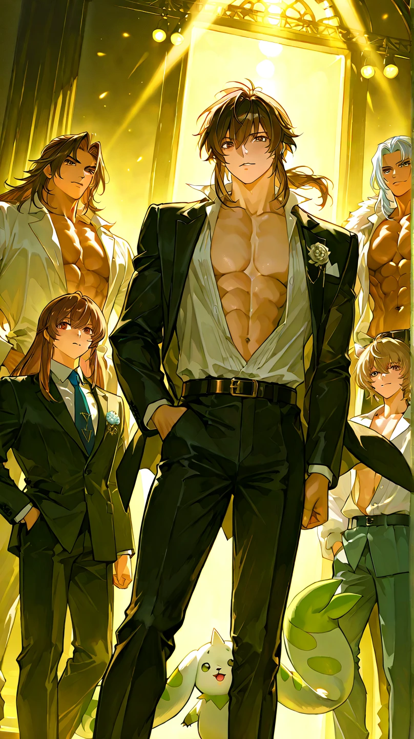 A male character with black hair with green highlights with bright yellow eyes wearing a white coat with yellow details with a background of a nightclub with female characters in underwear nudity
