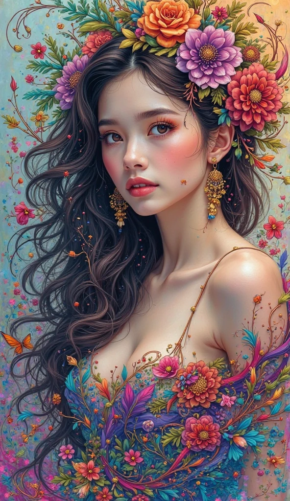 A beautiful naked girl, ((Boris Vallejo, style)) in a lush garden, Nina North beautiful gorgeous model style, sitting among colorful flowers, her skin glowing with natural light, delicate facial features, long eyelashes, full lips, detailed skin texture, barefoot, high resolution, masterpiece, ultra-detailed, photorealistic, dramatic lighting