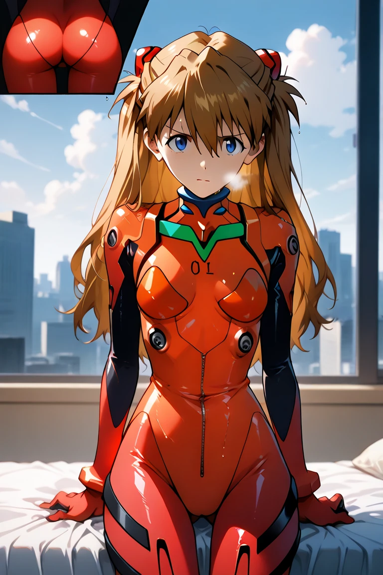 Sugar Angly, Asuka Langley Soryu, (Soryu Asuka Langley:1.5), blue eyes, hair between eyes, headdress, interface headset, orange hair, both sides,
Blake bodysuit, long sleeves, plug suit, Red bodysuit,
Relax indoors, miscellaneous room,
break looking at viewer, (cowboy shot:1.5),
break (table top:1.2), best quality, high resolution, unity 8k wallpaper, (illustration:0.8), (beautiful detailed eyes:1.6), more detailed face, perfect lighting, Extremely detailed CG, (perfect hands, complete anatomy),