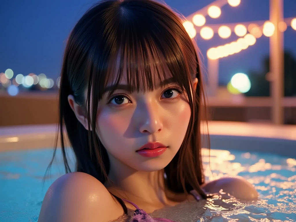 Completely naked、Highest quality, masterpiece, Ultra-high resolution, (Realistic:1.4), RAW Photos, The most famous Japanese idols have a great time at the night pool, (Variety of faces, Very cute face, Very beautiful face, Very childish face, Very sexy face), They all have such beautiful big eyes, very beautiful colorful hair, All the skins are very beautiful, Very beautiful long eyelashes, Very beautiful lips,